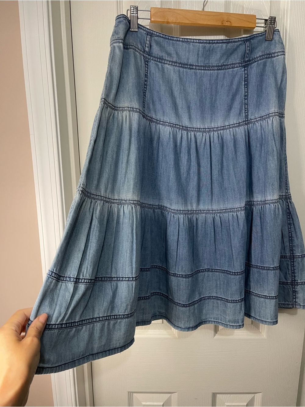 Sundance Light Blue Denim Tiered Western Cowgirl Bohemian Cotton Midi Skirt 8 - Picture 2 of 6